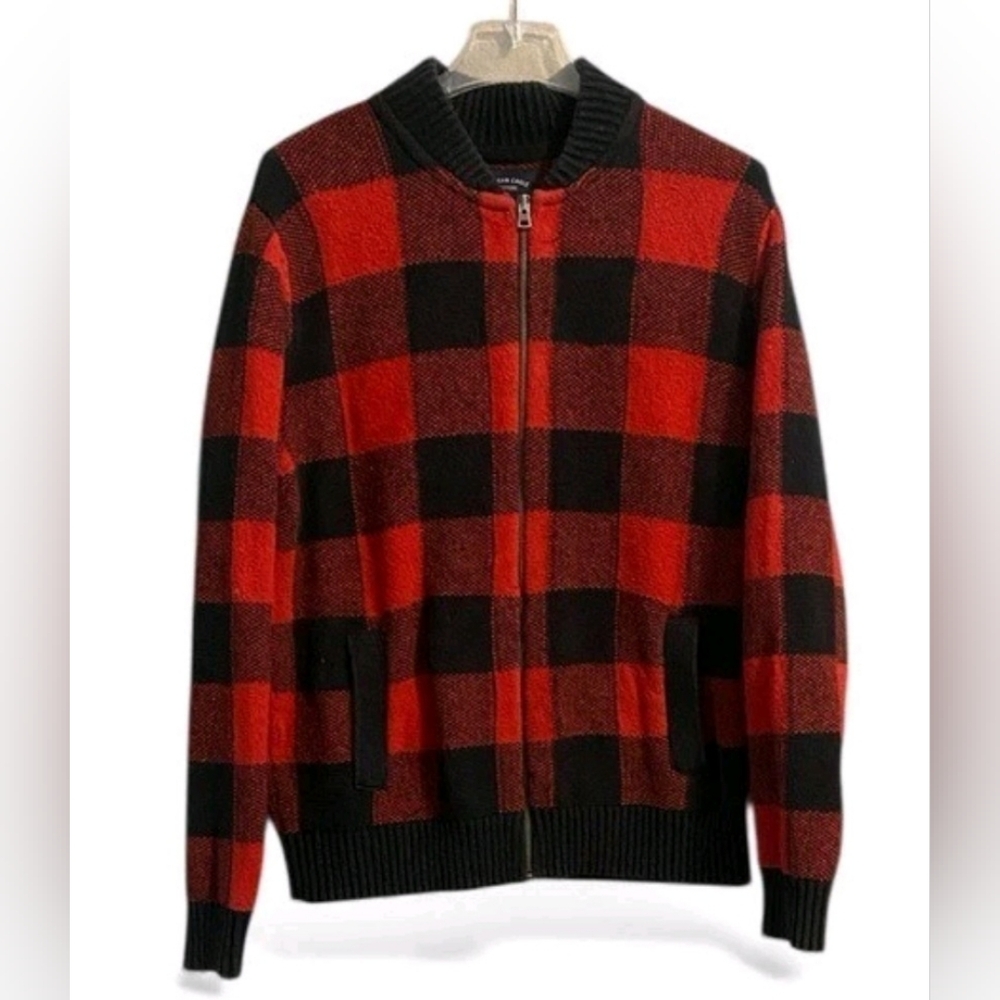American Eagle Outfitters Red and Black Buffalo Plaid Zip-Up Sweater
